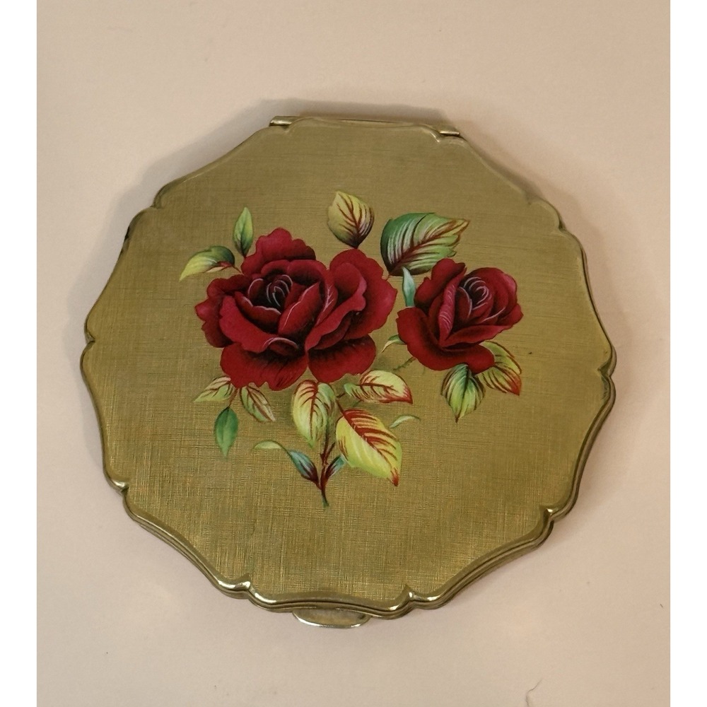 Stratton Red Gold Floral Rose Vintage Powder Compact Makeup Mirror England